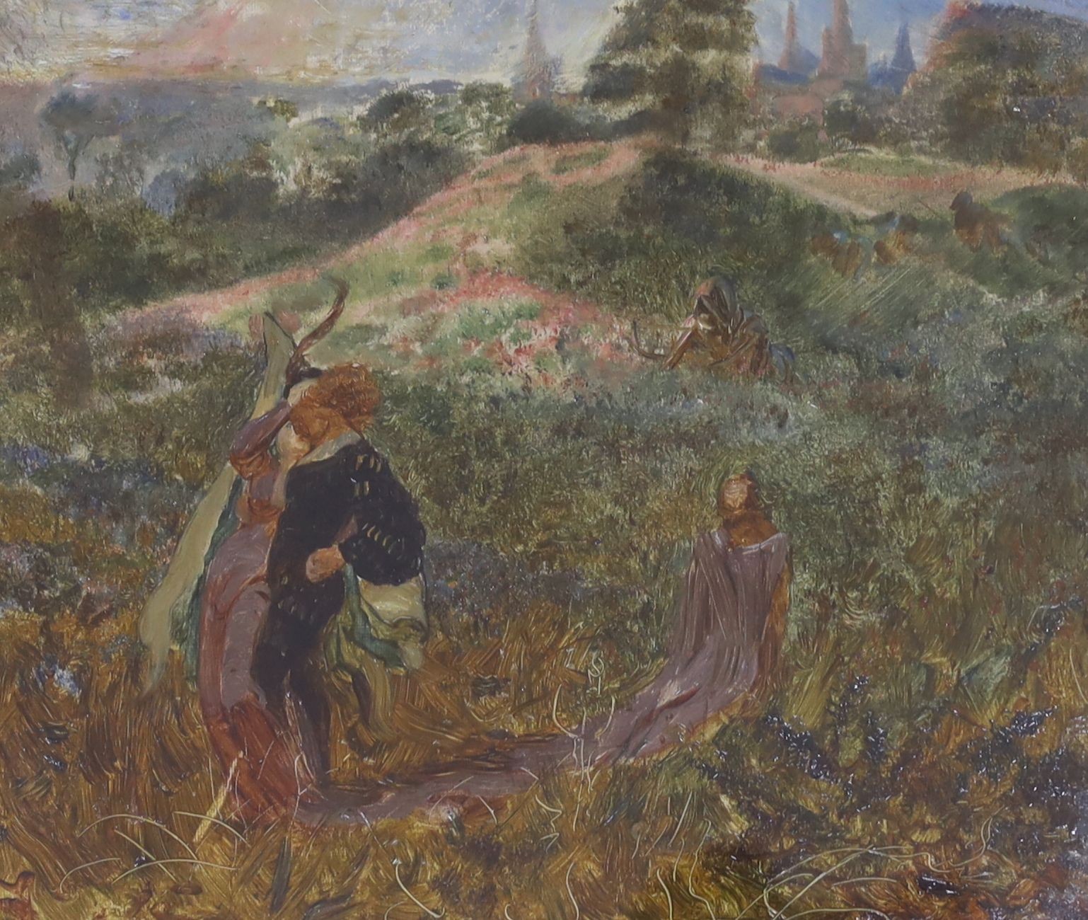 Arthur Boyd Houghton (1836-1875) - oil on canvas, 'The Romance of a Crusader - a medieval landscape', label verso from Hartnoll & Eyre Ltd., 25 x 29cm